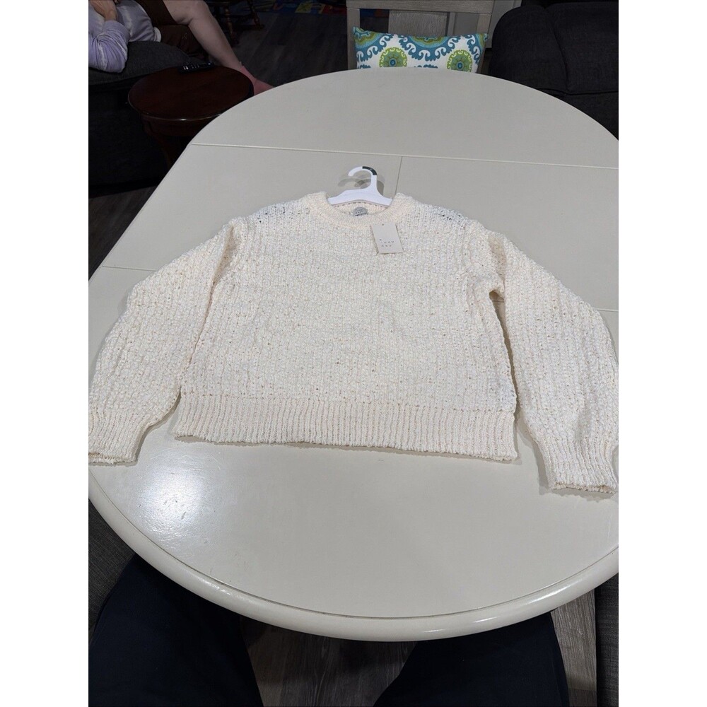 Women's Long Sleeve Round Neck Tape Yarn Pullover Sweater A New Day Cream M